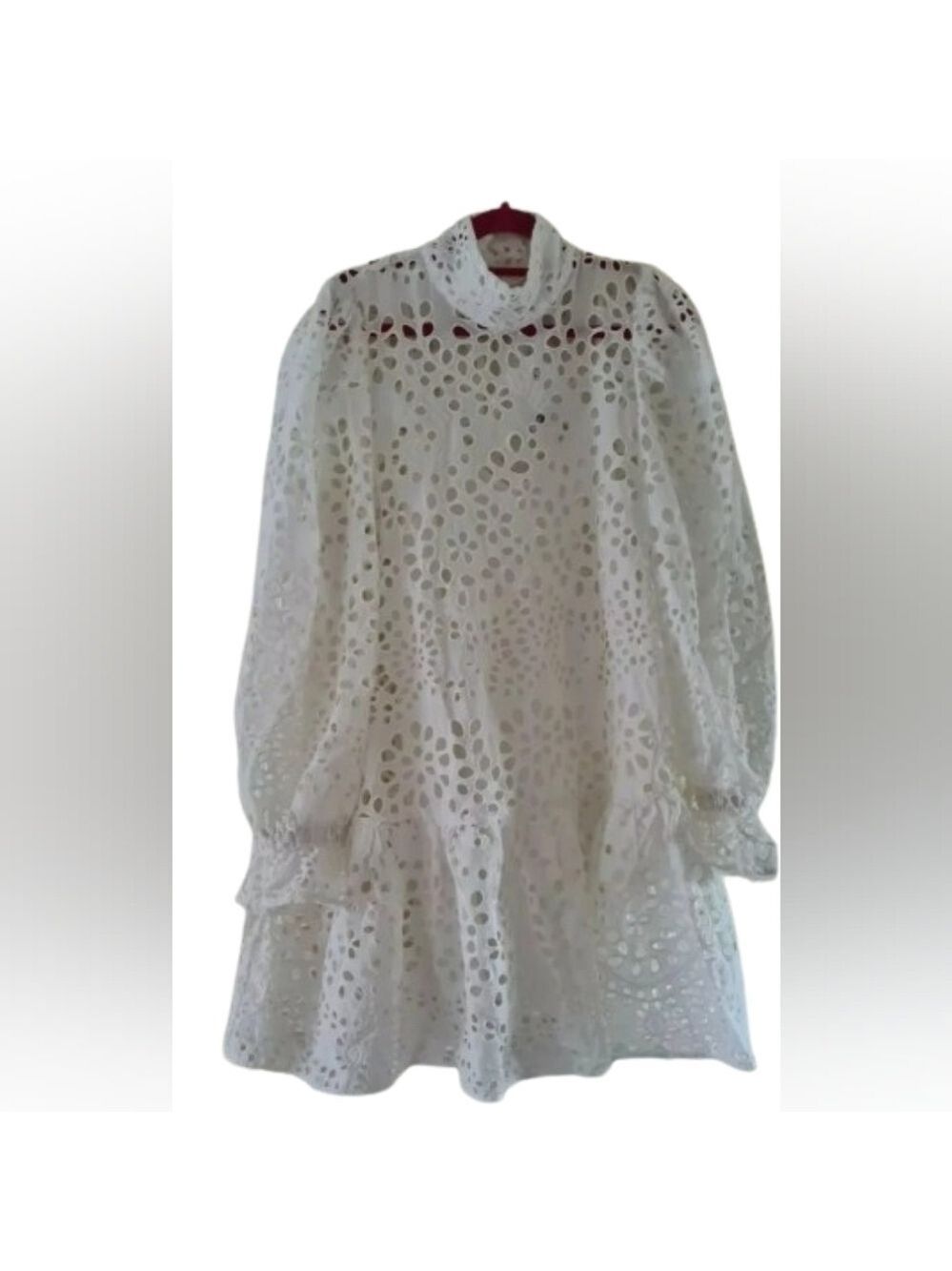 H&M eyelet embroidery puff long sleeves midi dress color white size XS